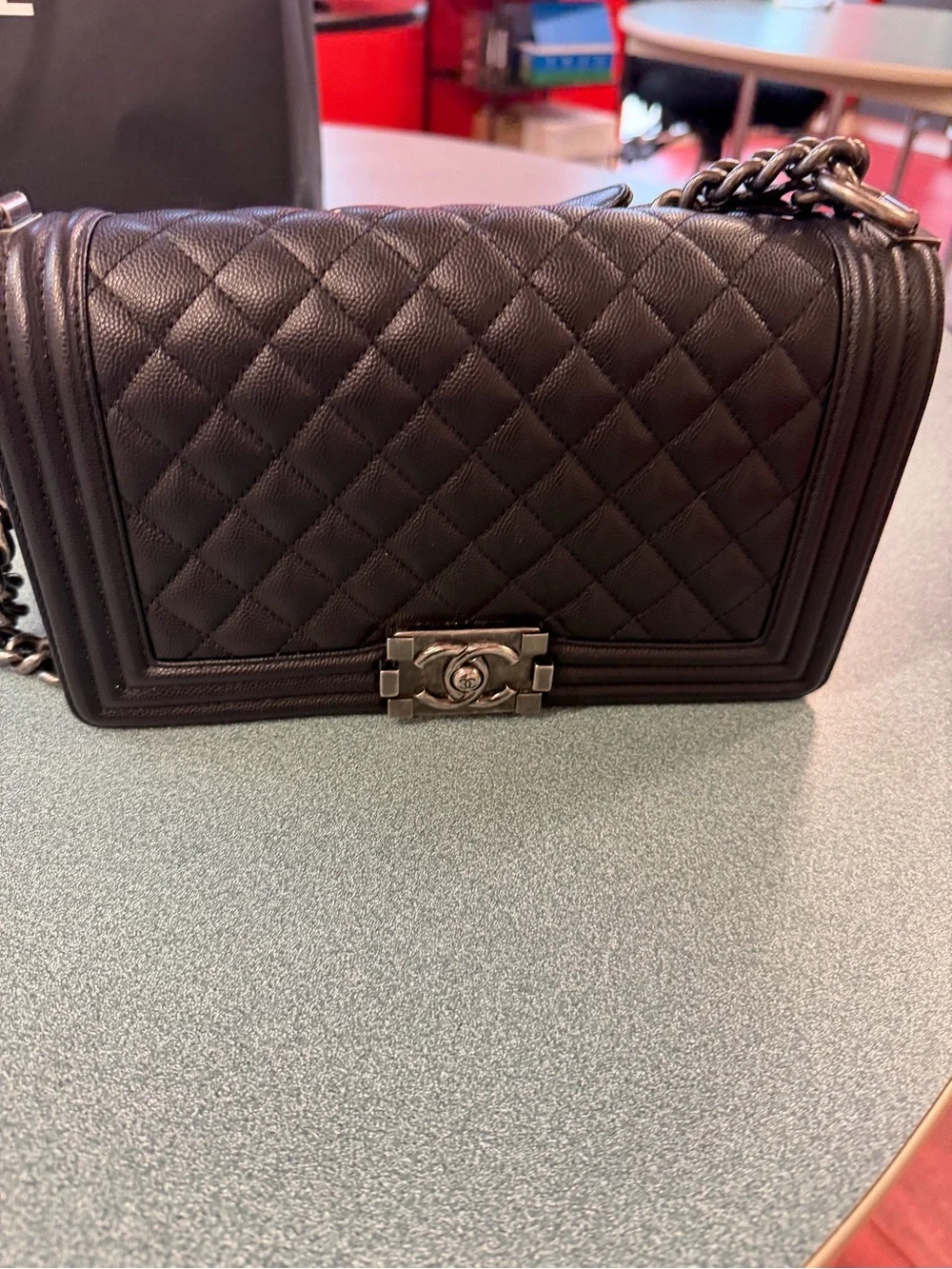 CHANEL Black Quilted Boy Shoulder Bag with Silver-Tone Chain